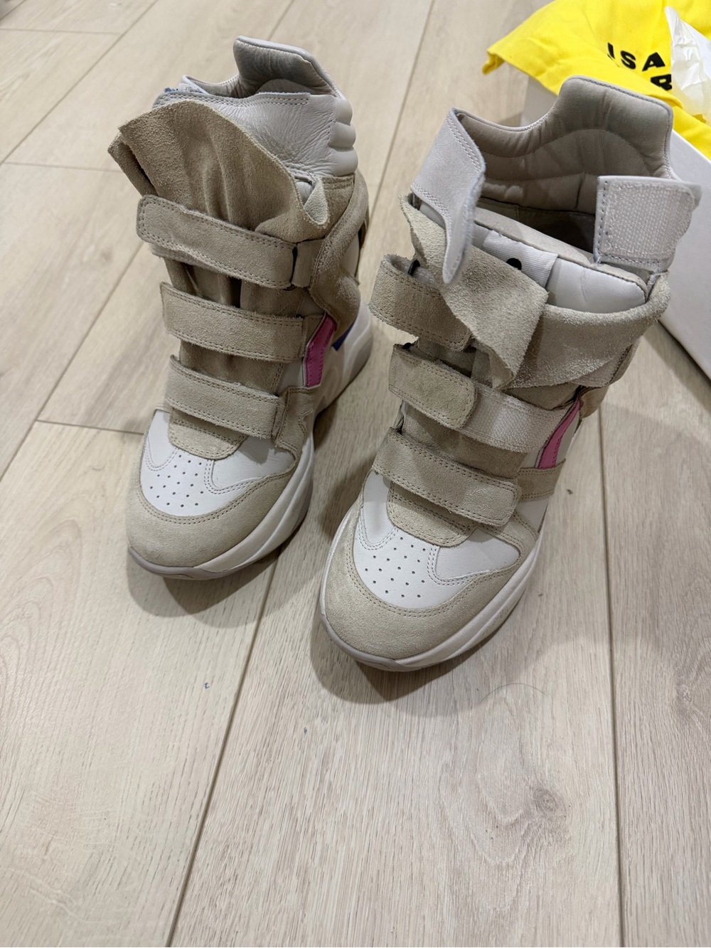 Isabel Marant Beige High-Top Velcro Sneakers with Pink Accent